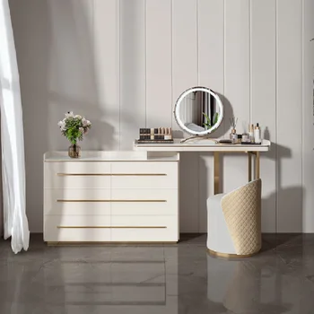 Skup toaletne tabele sa 6 ladicama, stolić za šminkanje s led rotirajuća ночницей od nehrđajućeg čelika, bijele boje