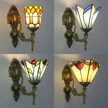 Starinski zidni svijećnjak s nijansu vitraž Tiffany, Zidne svjetiljke za spavaće sobe, hodnika, dnevnog boravka, Led svjetiljke ogledalo