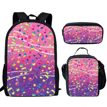 Svakodnevne školske torbe 3pcs s po cijeloj površini glazbene note, lagani ruksak velikog kapaciteta za dječake i djevojčice-mlade, putne torbe za knjige Natrag u školu