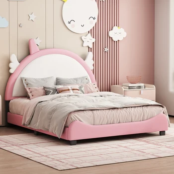 Tapacirani krevet, full-size Krevet-platforma Sa Uzglavljem u obliku Jednoroga, Uzglavlja i изножьем, Slatka Roza Krevet, Pogodna za spavaće sobe