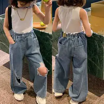 Traperice za djevojčice 2023, funky koreanska verzija, traper hlače s rupama za djevojčice, svakodnevne pamučne Slobodan široke dječje hlače