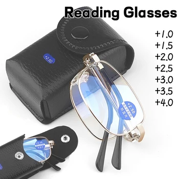 Trend sklopivi metalni naočale za čitanje s blokiranjem plave svjetlosti, Gospodo prijenosni Metalne naočale za dalekovidnost, naočale s диоптриями koža kutiji