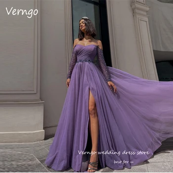 Verngo, moderne tamno ljubičasta večernje haljine za maturalne s otvorenim ramenima, mekan tila, duge rukave, Sjajna ženske haljine za svečanih