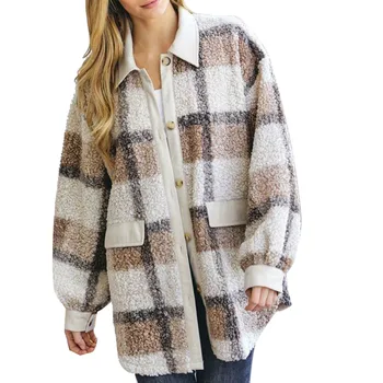Vintage jakna od ovčje vune u kavez, donje toplo Вельветовое плюшевое kaput u stilu patchwork s lapels, Jesensko-zimski Runo gornja odjeća, majice