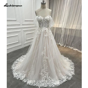 Vjenčanicu Princeze s čipkastim aplikacije za mladu 2024, Svadba haljina od tila boje šampanjca, Vjenčanica Robe de mariee