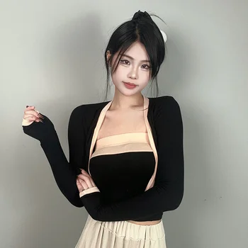 Vruće ženske majice, Seksi godišnji Korejski tanak seksi grudnjak, top + kardigan dugih rukava, majica, kratki top od dva dijela za žene 69WI