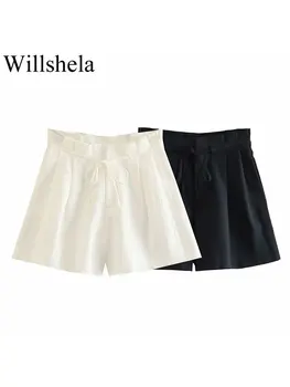 Willshela, ženske modne ravnici nabrane gaćice na munje sprijeda, vintage kratke hlače s visokim strukom, Šik ženske gaćice