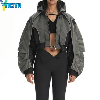 YICIYA, jakna od umjetne kože, vintage racing korejski moda, zima мотоциклетная jakna zip, plava, u patchwork stilu, Casual odjeća 2023, top