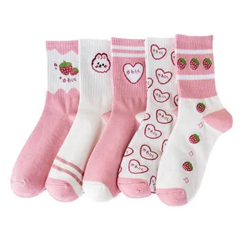 Ženske čarape s prosječnom cijevi, Slatka Nove Čarape, Roze Pamučne čarape, Trend od jagoda čarape Sweet Love Girl, Кавайные čarape