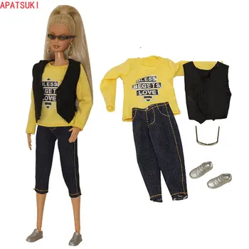 Žuta Moderan set odjeću za Barbie lutke, majica sa pismom, prsluk, ošišan hlače, Cipele, Naočale, Pribor za lutke 1/6, Dječje igračke