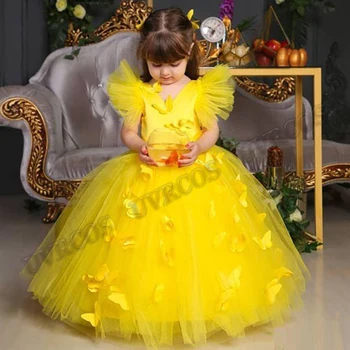 Žutu loptu haljina s kravatom i cvjetnim uzorkom za djevojčice, Haljinu za rođendan, za malu djecu, Dječje haljine s rogovima, Elegantan haljine za svadbene zurke na red