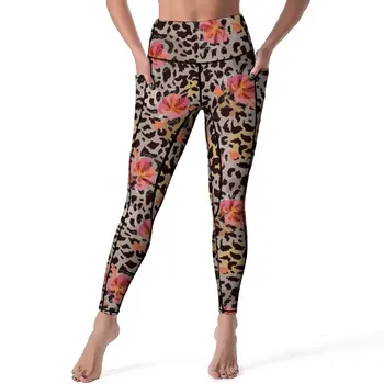 Леопардовые tajice s cvjetnim uzorkom gepard i džepovima, Dizajnerske hlače za joge s po cijeloj površini životinja, Tajice za joge s visokog struka, elastične sportske hlače za fitness