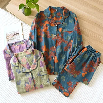 Пижамные setove sa svježim cvijet, ženski kompleti od 100% марлевого pamuka, japanski jednostavan retro-fashion, casual odjeća za spavanje dugi rukav, pidžama